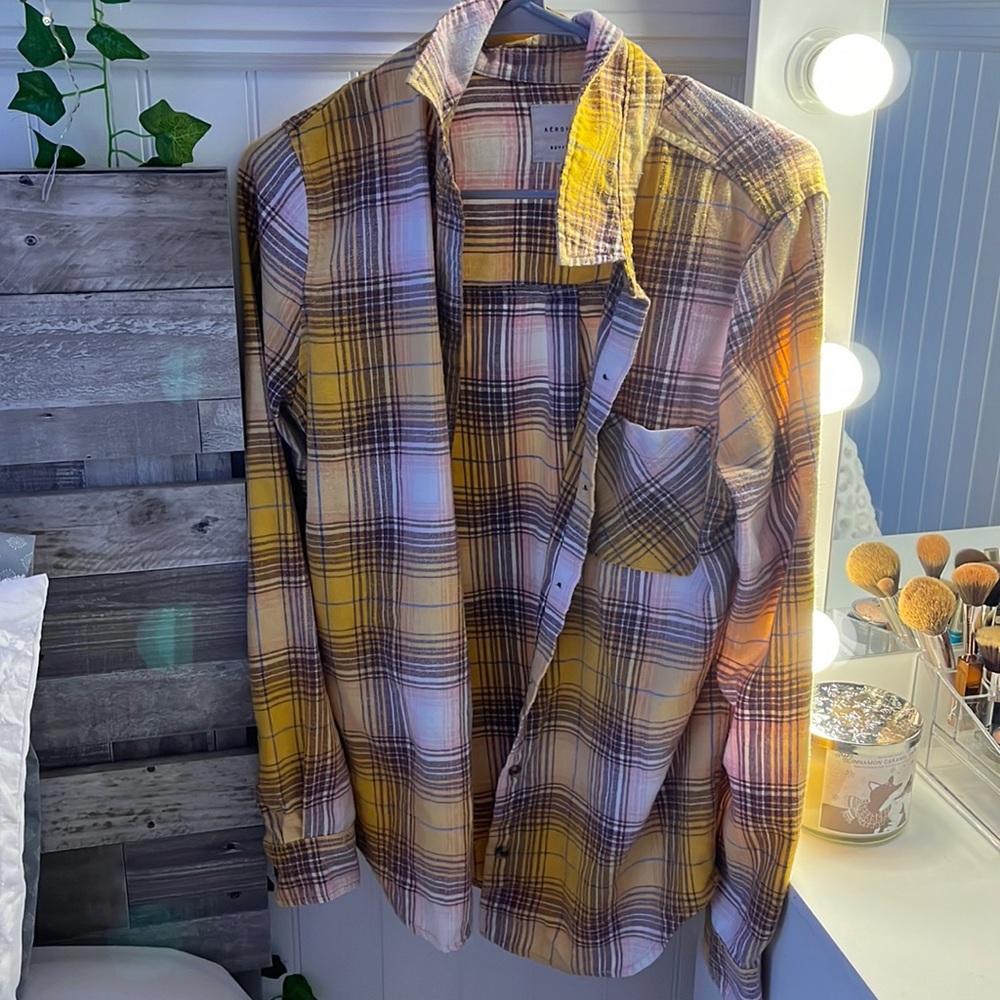 Aeropostale yellow purple and pink flannel button up.